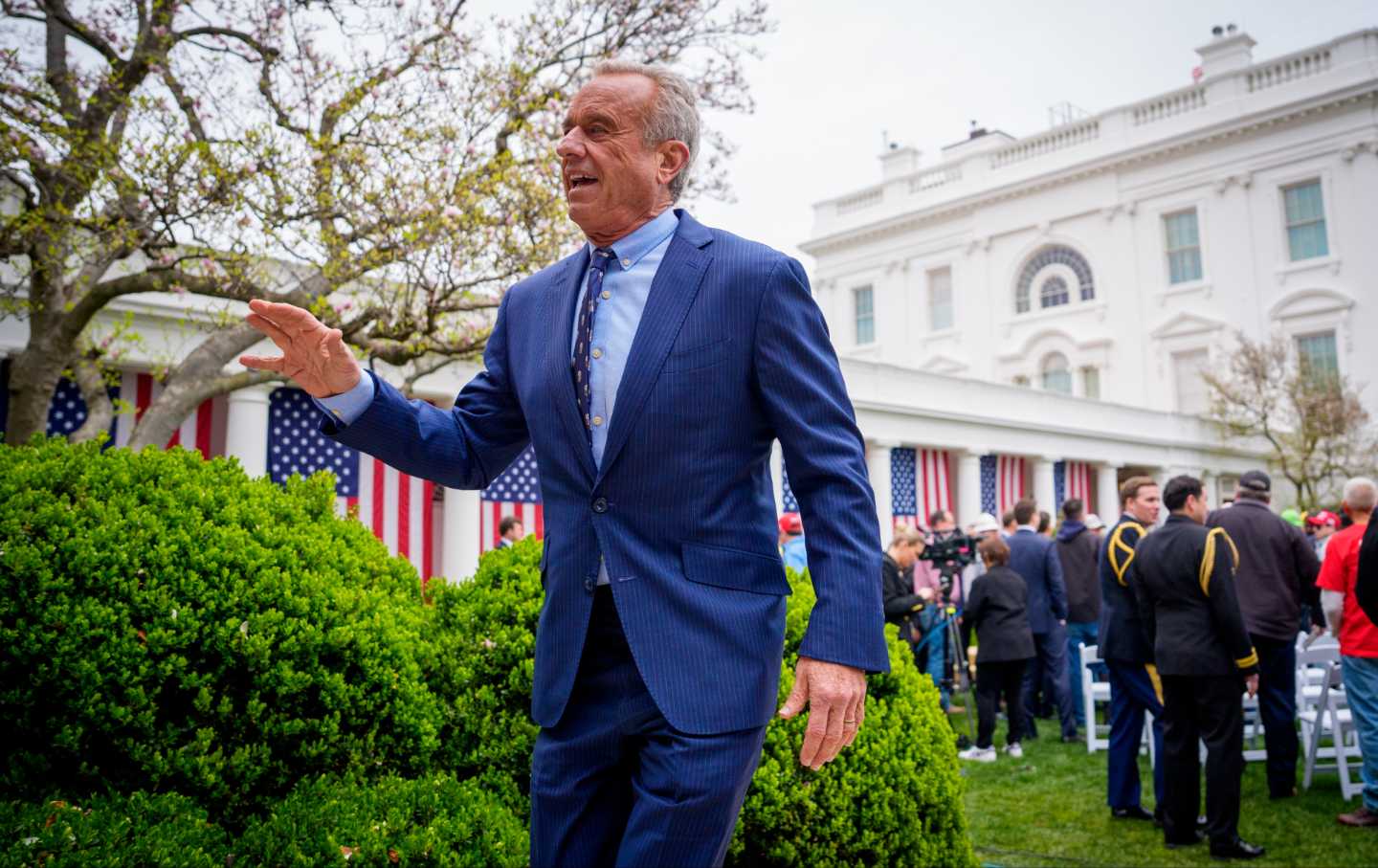 Health and Human Services Secretary Robert F. Kennedy Jr. departs after US President Donald Trump signs executive orders imposing tariffs on imported goods during a “Make America Wealthy Again” trade announcement event in the Rose Garden at the White House on April 2, 2025, in Washington, DC.