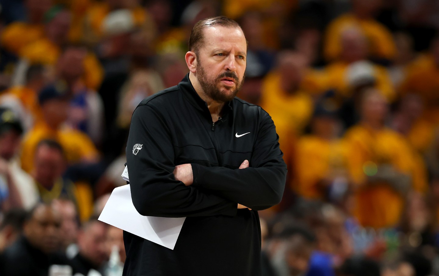 Head coach Tom Thibodeau of the New York Knicks reacts against the Indiana Pacers during the fourth quarter in Game Three of the Eastern Conference Finals of the 2025 NBA Playoffs at Gainbridge Fieldhouse on May 25, 2025 in Indianapolis, Indiana.
